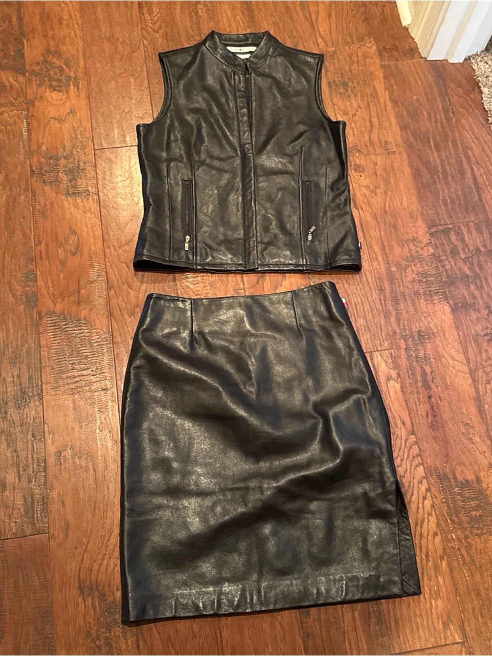Tommy Hilfiger Black Leather Set Vest/Pencil Skirt